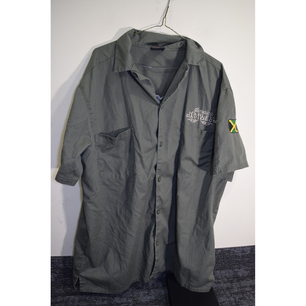 Harley-Davidson Jamaica Garage Shirt Mens Large Olive Green Short Sleeve Twill